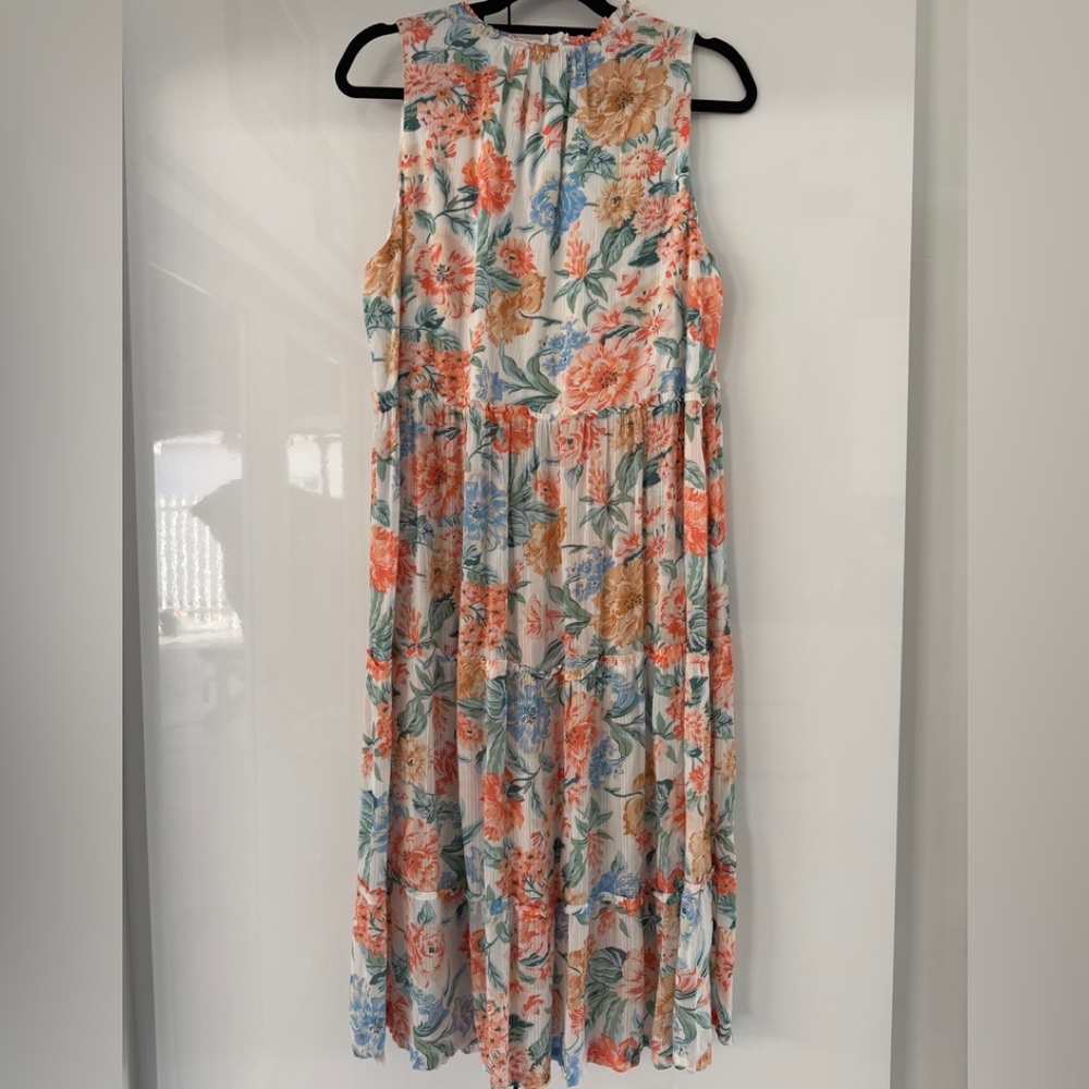 LOFT Floral Midi Dress in Orange, Blue & Cream - Picture 3 of 11